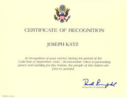 Department of Defense Certificate of Recognition to Joseph Katz for services to the United States during the Cold War.